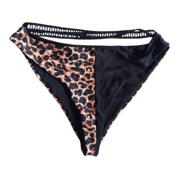 SHEIN Leopard Print Bikini Bottom with Black Straps - Picture 1 of 4